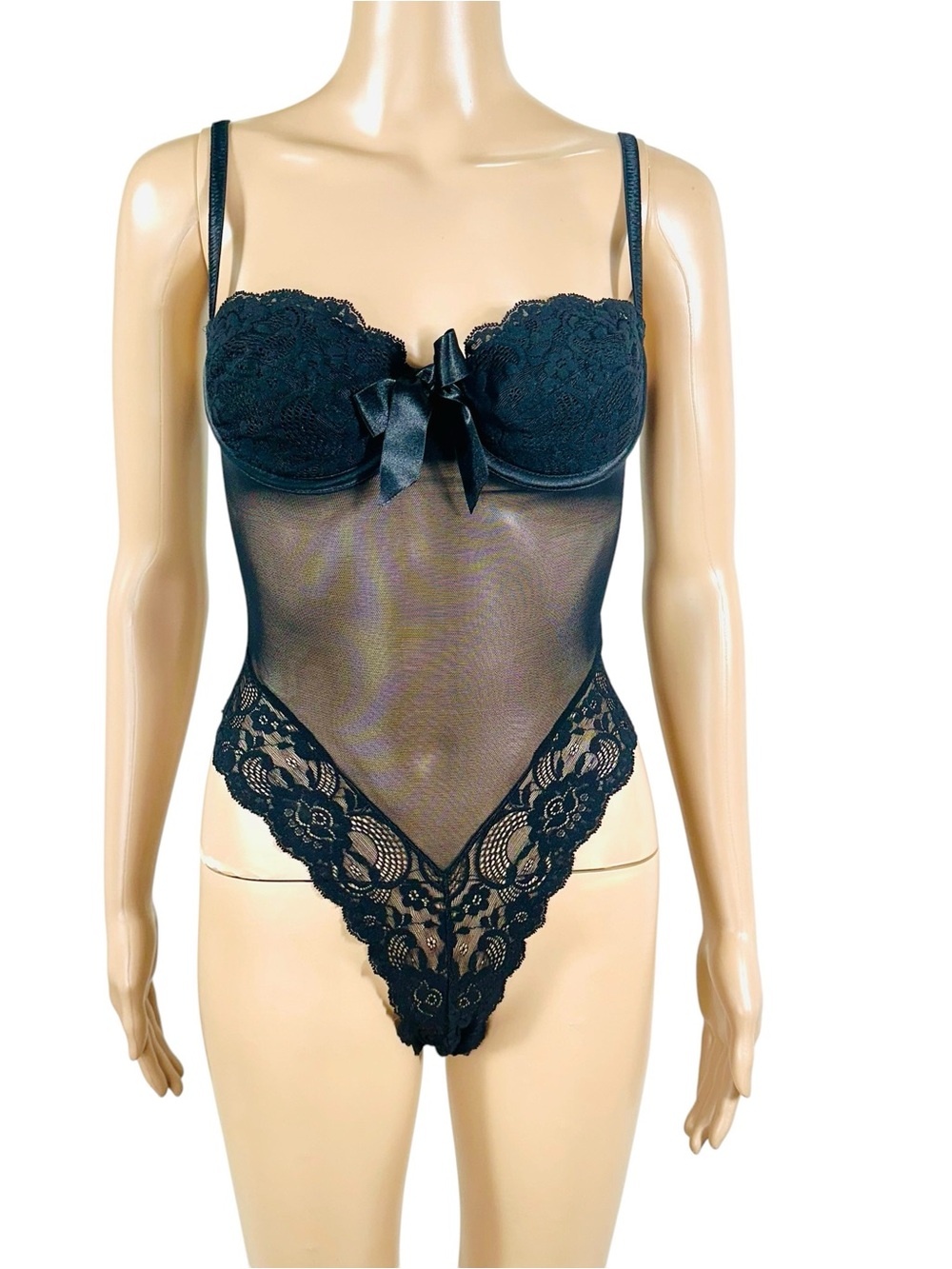 VTG Victoria's
Secret Y2K Black Mesh Lace Teddy
Bodysuit 34C